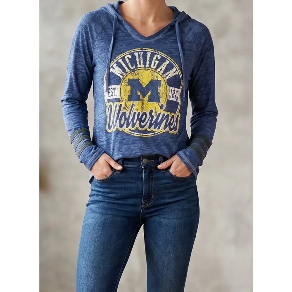 Sideline Apparel Ladies Medium Hooded Blue Shirt Michigan Wolverines Long Sleeve